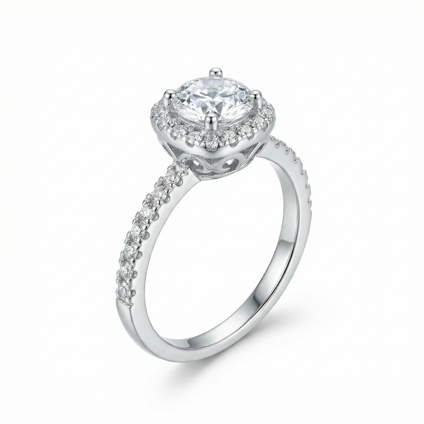 Moissanite Halo Ring with Pavé Band
