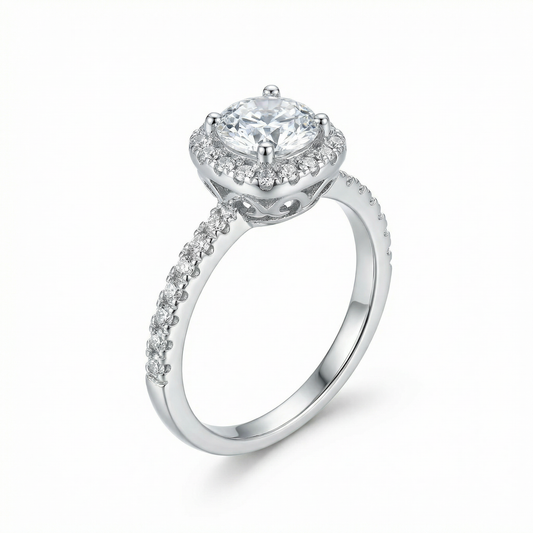 Moissanite Halo Ring with Pavé Band