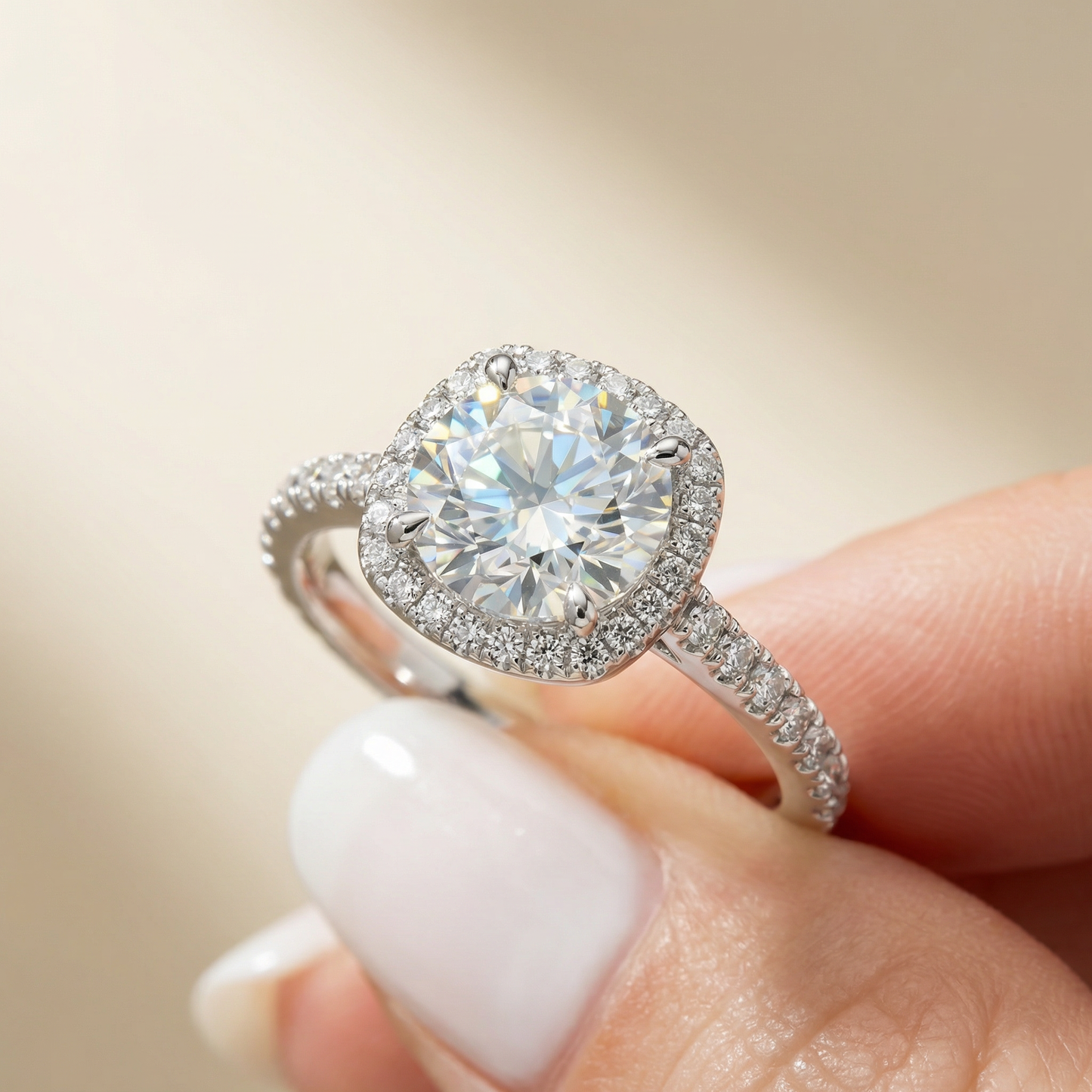 Moissanite Halo Ring with Pavé Band