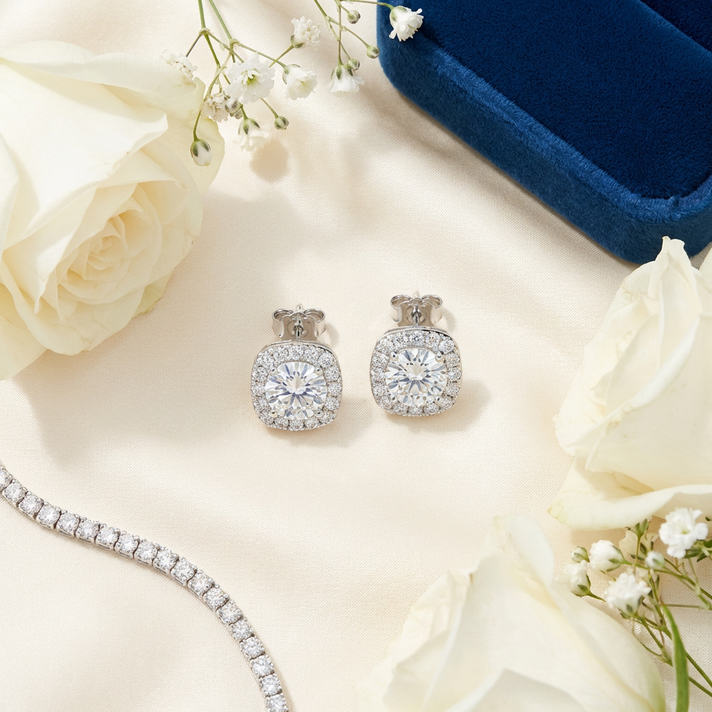 Moissanite Cushion Halo Stud Earrings