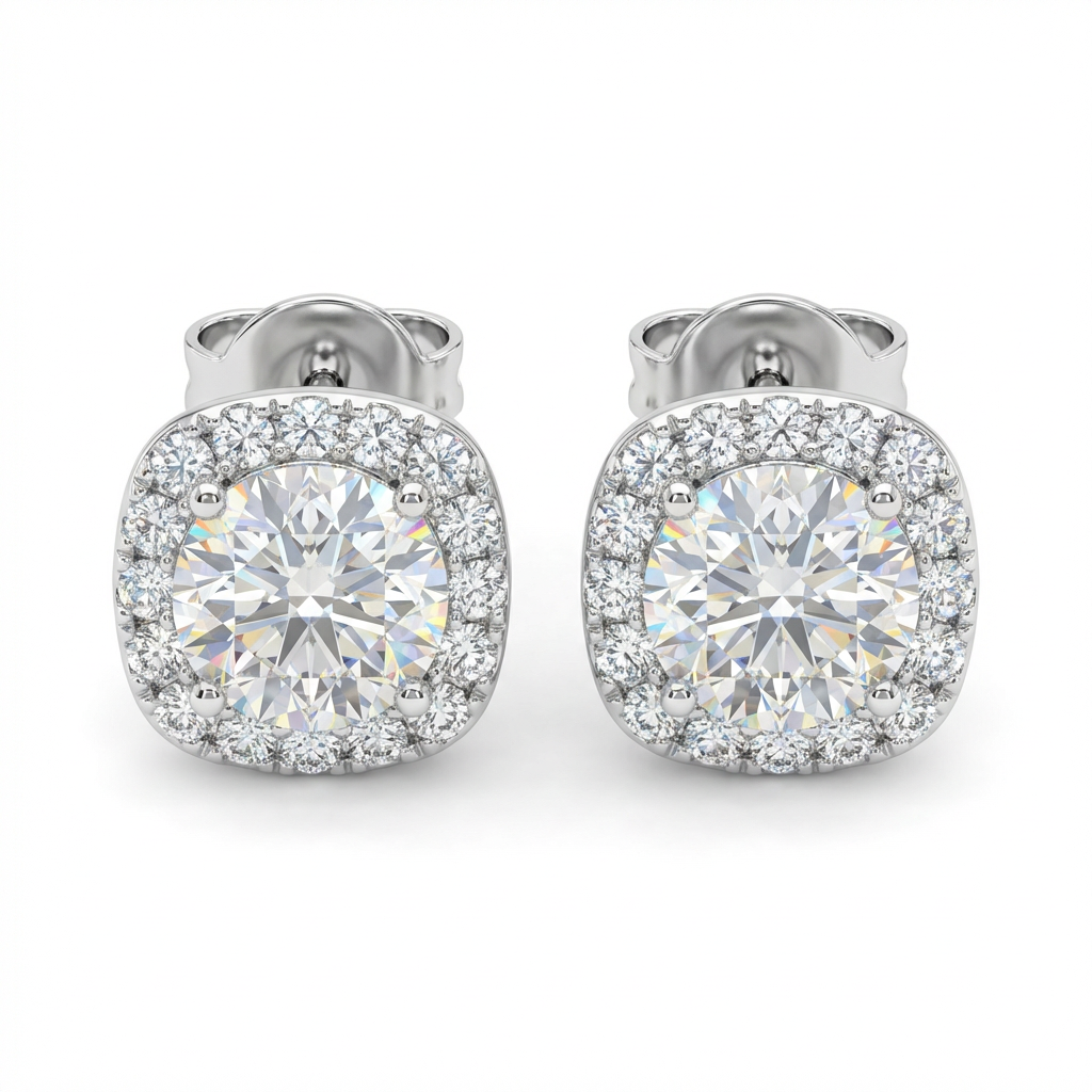 Moissanite Cushion Halo Stud Earrings