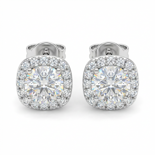 Moissanite Cushion Halo Stud Earrings